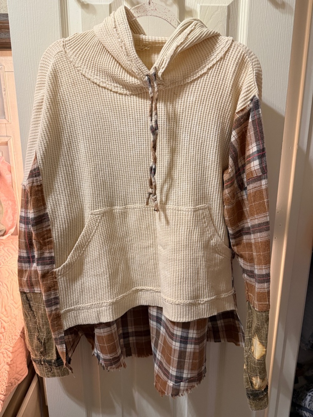 Oli & Hali Cream Waffle Knit Hoodie with Brown Plaid Accents